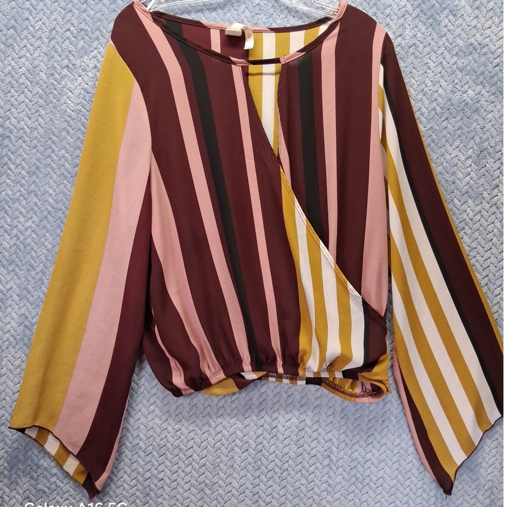 Cacia Womens 1X Striped Surplice Wrap Blouse Long Flare Sleeve Burgundy Mustard